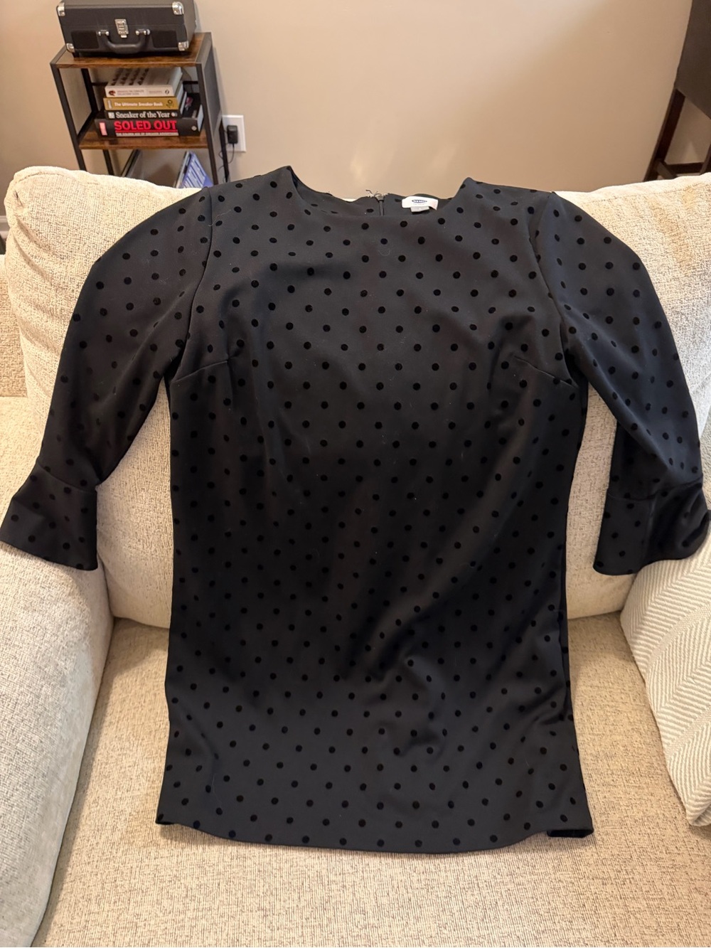 Old Navy black polka dot dress with 3/4 sleeves, size L #polkadot #workwear